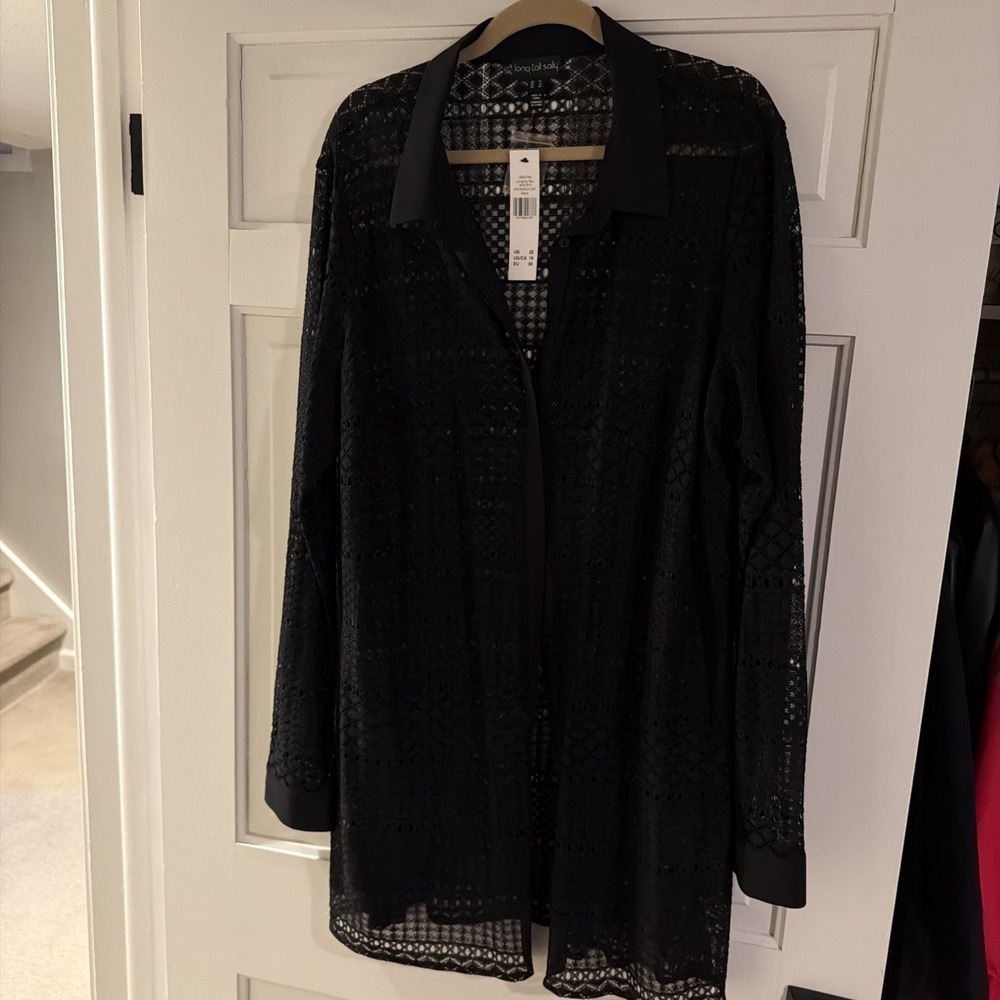 Long Tall Sally Shirt Size 18 Black Longline Geo Lace Boho Open-Knit - NWOT - Picture 3 of 11